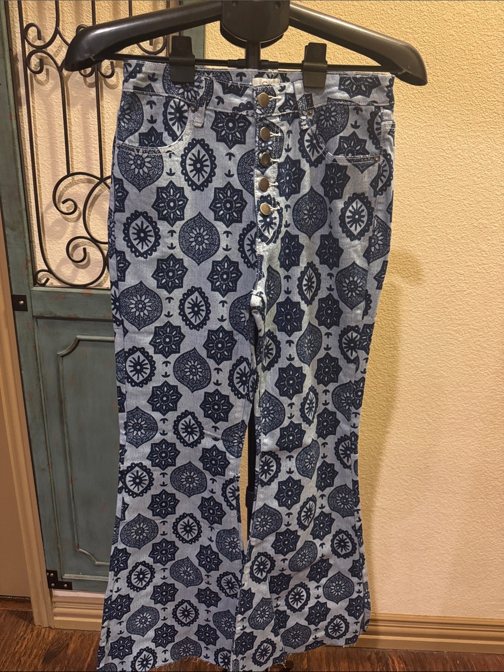 easel Navy Medallion Print High-Waist Button Fly-Flare Jeans